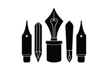 Stylized collection of various fountain pen nibs and a pencil icon