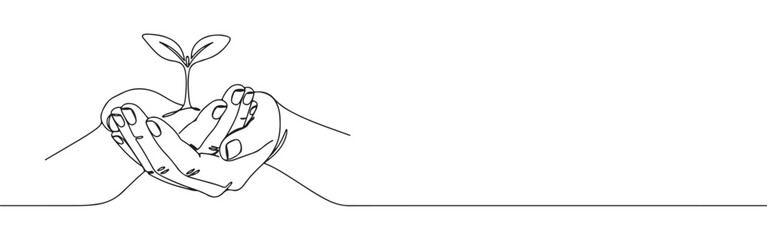 Obraz premium Continuous one-line drawing of hands holding a growing seedling, symbolizing protection, growth, nature, and environmental care in a minimalist style.