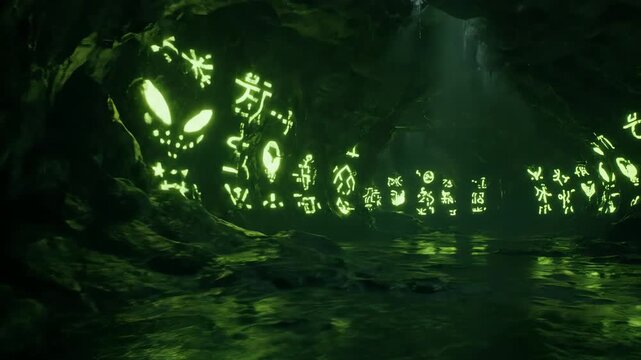 Mysterious Dark Cave with Glowing Green Alien Hieroglyphs.