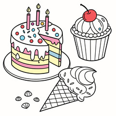 Coloring page with cake, cupcake, candy, ice cream and other dessert of vector illustration