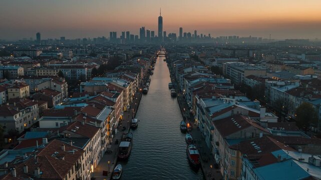 Aerial view of navigli canals and milan skyline at dusk