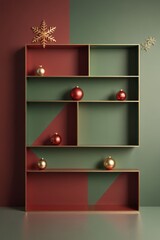 Fototapeta premium Modern shelf display with Christmas ornaments in red and green 