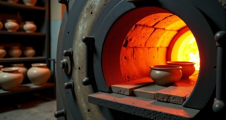Pottery pieces are being fired inside a glowing kiln, highlighting the ceramic creation process.