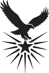 Blad eagle eith American flag print on wings diving for a patrietic ribbon. 4th july Independence Day Clipart, Emblem soaring bird usa banner image airfoil hunting red white blue band.