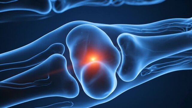 Human joint pain and inflammation medical 3D illustration of skeletal system with glowing red spot indicating discomfort or injury.