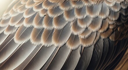 Close-up of bird feathers with intricate pattern and soft brown hues