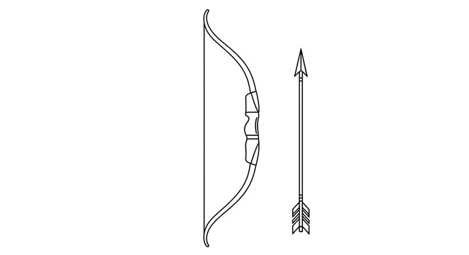 A black and white line drawing of a traditional bow and arrow set. The bow is curved, the arrow sharp