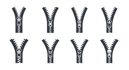 Collection of black zipper icons in various open positions displayed