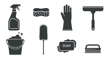 Essential cleaning supplies depicted in a monochrome vector style illustration