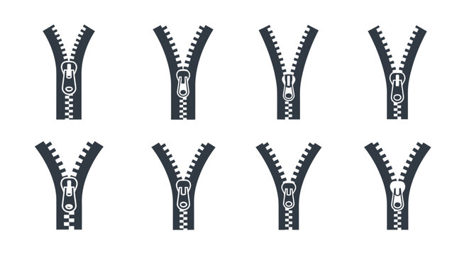 Collection of black zipper icons in various open positions displayed