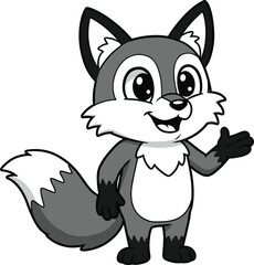 Cartoon fox character waving, standing upright, cheerful smile, fluffy tail, monochrome fur, friendly animal, cute mascot, children’s illustration
