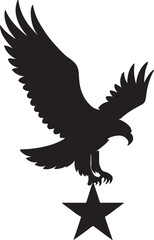 Blad eagle eith American flag print on wings diving for a patrietic ribbon. 4th july Independence Day Clipart, Emblem soaring bird usa banner image airfoil hunting red white blue band.