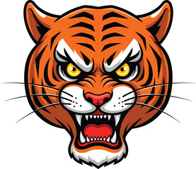 Aggressive tiger head illustration, sharp teeth, intense yellow eyes, orange fur, black stripes, fierce expression, mascot design, bold animal art