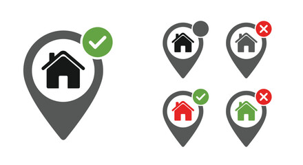 Location icons displaying house symbols with check and cross marks