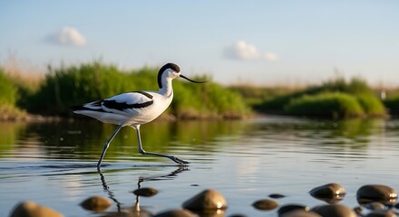 Obraz premium A black-and-white wading bird with a long, upturned bill strides through shallow, sunlit water. Green reeds line the background