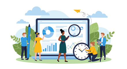 Vector illustration of a business team engaged in data analysis and strategic project management, a concept for financial reporting and teamwork. g