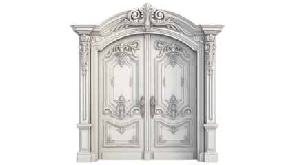 Elegant white ornate double doors with intricate details, perfect for luxury home design and architectural projects, evoking a sense of timeless beauty