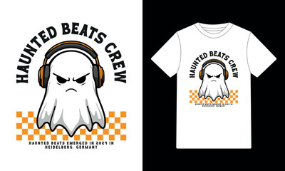 "Haunted Beats Crew" Ghost with Headphones T-Shirt Design - Music & Halloween Graphic