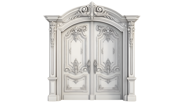 Elegant white ornate double doors with intricate details, perfect for luxury home design and architectural projects, evoking a sense of timeless beauty