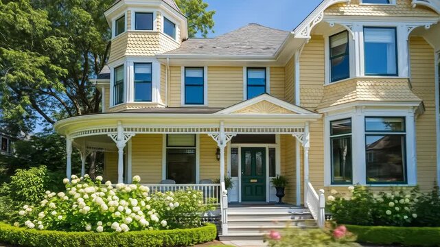 Ornate yellow Victorian house with a tower and lush garden