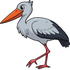 Cartoon stork standing on one leg, orange beak, pink legs, gray feathers, friendly bird, expressive face, educational, playful design