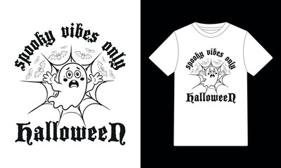 "Spooky Vibes Only" Halloween Ghost & Spiderweb T-Shirt Design - Creepy Season Graphic