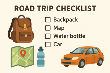 Road trip checklist with essential items including backpack, map, water bottle, and car for well prepared and enjoyable travel experience