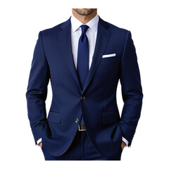 Midnight Blue Business Suit Jacket with White Pocket Square, Transparent Background, 3D Realism Asset