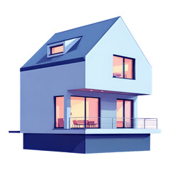 Modern Blue House with Balcony, Transparent Background, 3D Realism Graphic