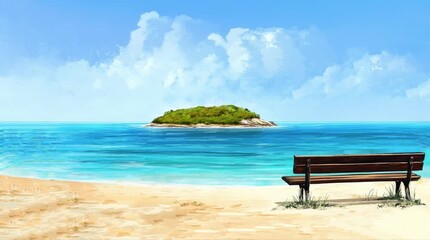 A view of a bench on the beach with an island. 4K animated video - Powered by Adobe