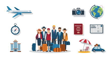 A collection of colorful flat design icons representing travel tourism and vacation concepts including a plane passport globe and tourists.