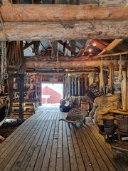 Old red fishing nets and ropes. Stockfish Museum in the Lofoten Islands
