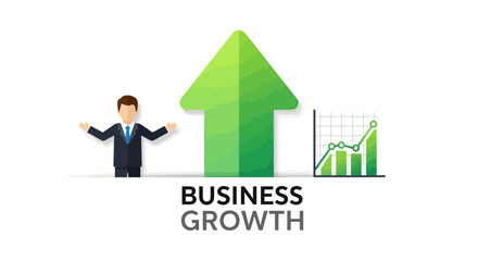 Business growth concept with a cartoon manager a large green upward arrow and a rising financial chart.
