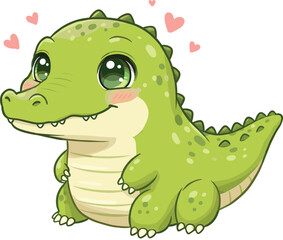 Naklejka premium Cute cartoon baby crocodile with hearts, sitting pose, green reptile character, smiling face, kids illustration, love theme, animal art