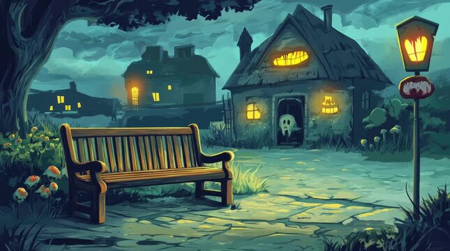 A view of a bench in a horror place at night. 4K animated video