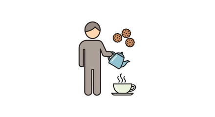 Stylized Person Serving Hot Tea from Teapot into Steaming Cup with Cookies Icon.
