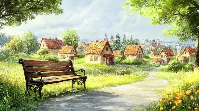 A view of a bench with a village in the morning. 4K animated video