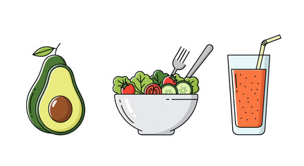 Healthy Food Illustration Set: Fresh Avocado Green Salad Bowl and Juice Glass.