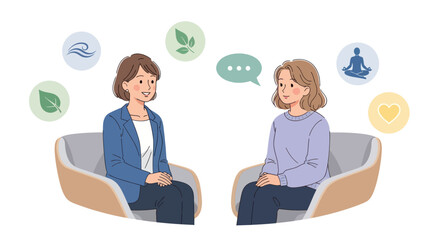 Two Women in Conversation Discussing Mental Wellness and Therapy.