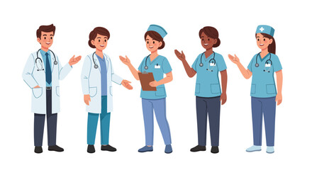 Diverse group of medical professionals in uniform smiling and gesturing.