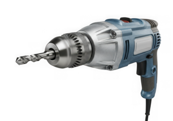 Close up of a power drill with a spinning drill bit isolated on transparent background
