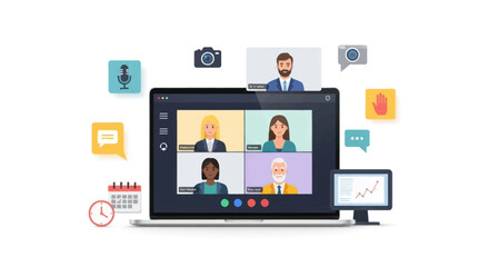 Diverse group of people participating in a virtual video conference meeting on a laptop screen.