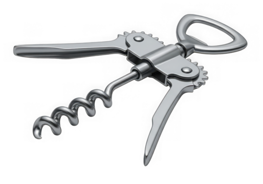 Silver metal corkscrew and bottle opener tool isolated on transparent background