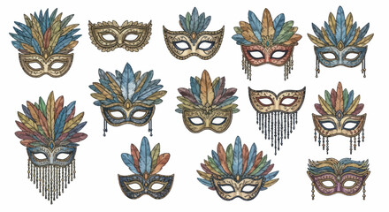 Watercolor illustration set of various festive masquerade ball masks with colorful plumage.