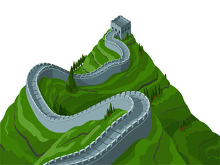 Ancient mountain wall, winding stone ramparts, watchtowers on ridges, green hillsides, historic defense route, iconic travel landmark vector