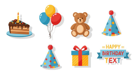 Birthday Party Elements: Cake Balloons Teddy Bear Party Hats and Gift.