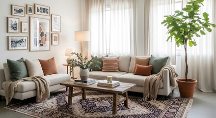 Fototapeta premium A bright and airy living room showcases a neutral-toned sectional and arm chair, adorned with colorful pillows, an antique rug, and a gallery wall