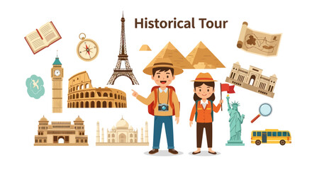 Diverse Historical Landmarks and Tourists on a Global Adventure.