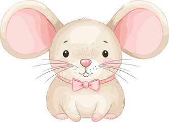 Cute cartoon mouse with pink bow tie, beige fur, big ears, smiling face, children’s illustration, nursery decor, animal character
