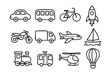 Different transport doodle line icon set – travel and vehicle vector illustration
